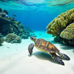**A pristine white sand beach in Tonga, with turquoise waters and lush green vegetation. A person is snorkeling, observing a sea turtle swimming gracefully near a vibrant coral reef. The scene evokes a sense of untouched natural beauty.**