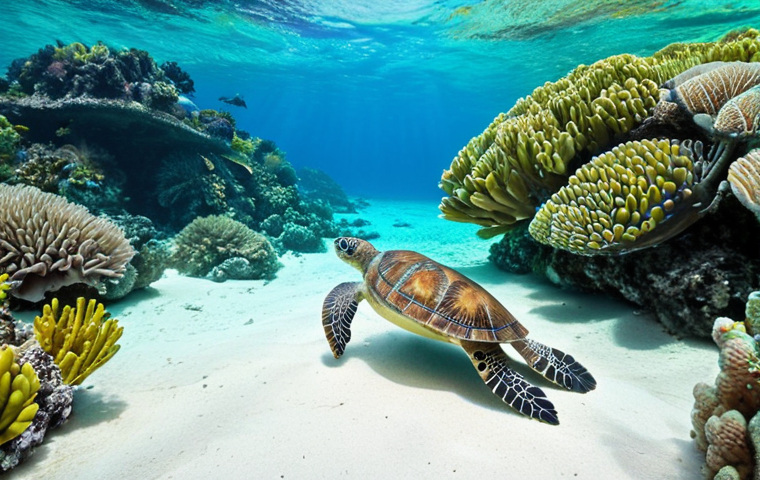 **A pristine white sand beach in Tonga, with turquoise waters and lush green vegetation. A person is snorkeling, observing a sea turtle swimming gracefully near a vibrant coral reef. The scene evokes a sense of untouched natural beauty.**