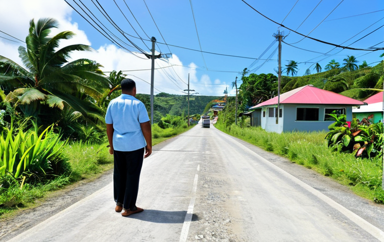 **

A professional real estate investor in Tonga, viewing a property with a local partner (both fully clothed in modest attire), showcasing a mix of traditional Tongan architecture and modern sustainable building techniques. Background: Lush tropical landscape with ongoing infrastructure development (roads, power lines). Safe for work, appropriate content, family-friendly, perfect anatomy, correct proportions, natural pose, professional photography, high quality.

**
